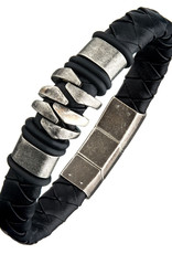 Men's Black Leather and Oxidized Stainless Steel Bracelet