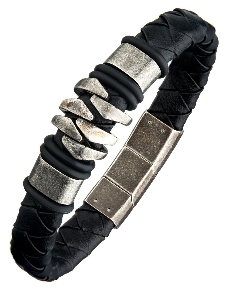Black Leather Steel Bracelet