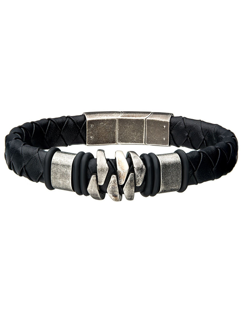 Men's Black Leather and Oxidized Stainless Steel Bracelet