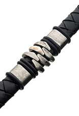 Men's Black Leather and Oxidized Stainless Steel Bracelet