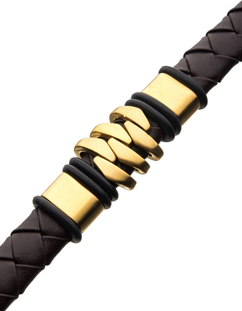 Men's Brown Leather and Gold Stainless Steel Bracelet