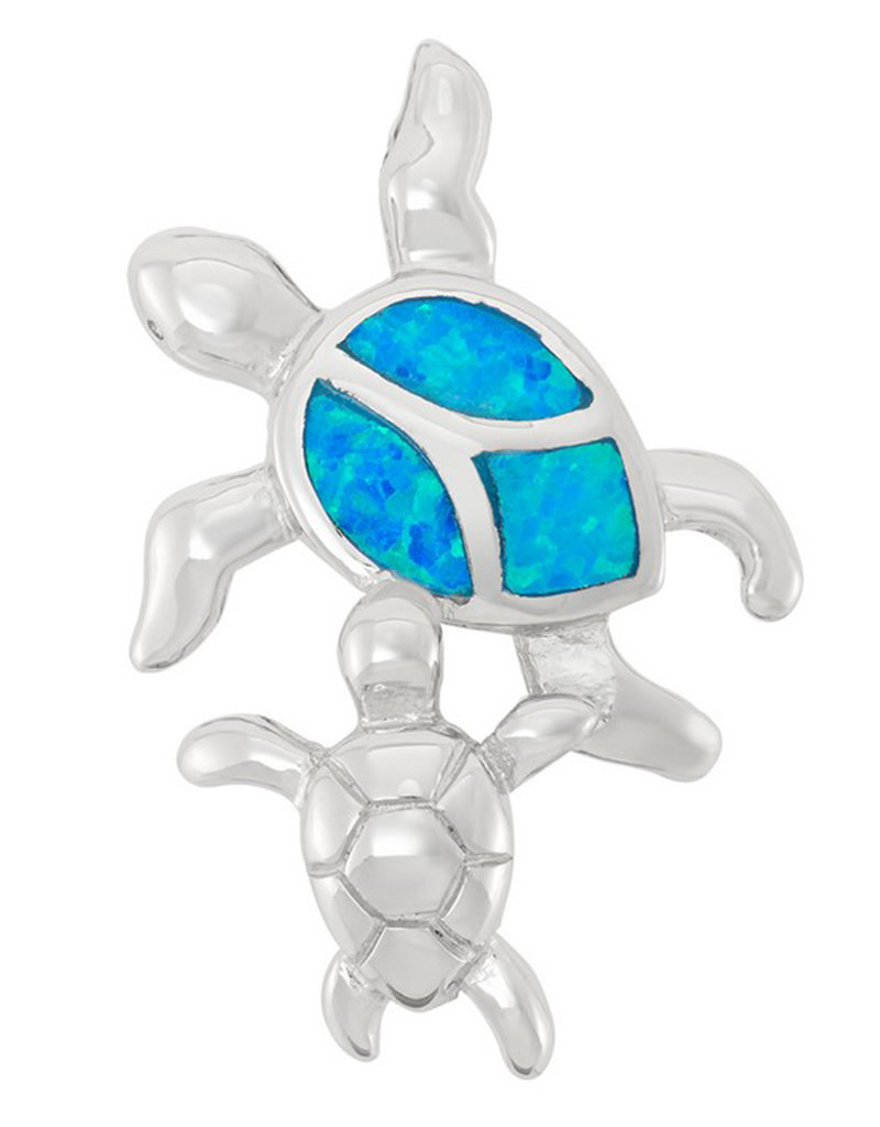 Sterling Silver 2-Turtle Synthetic Blue Opal Pendant 27mm