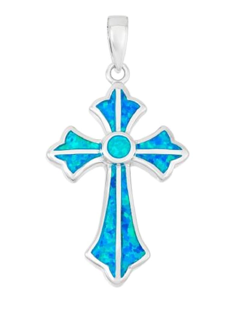 Sterling Silver Synthetic Blue Opal Cross Pendant