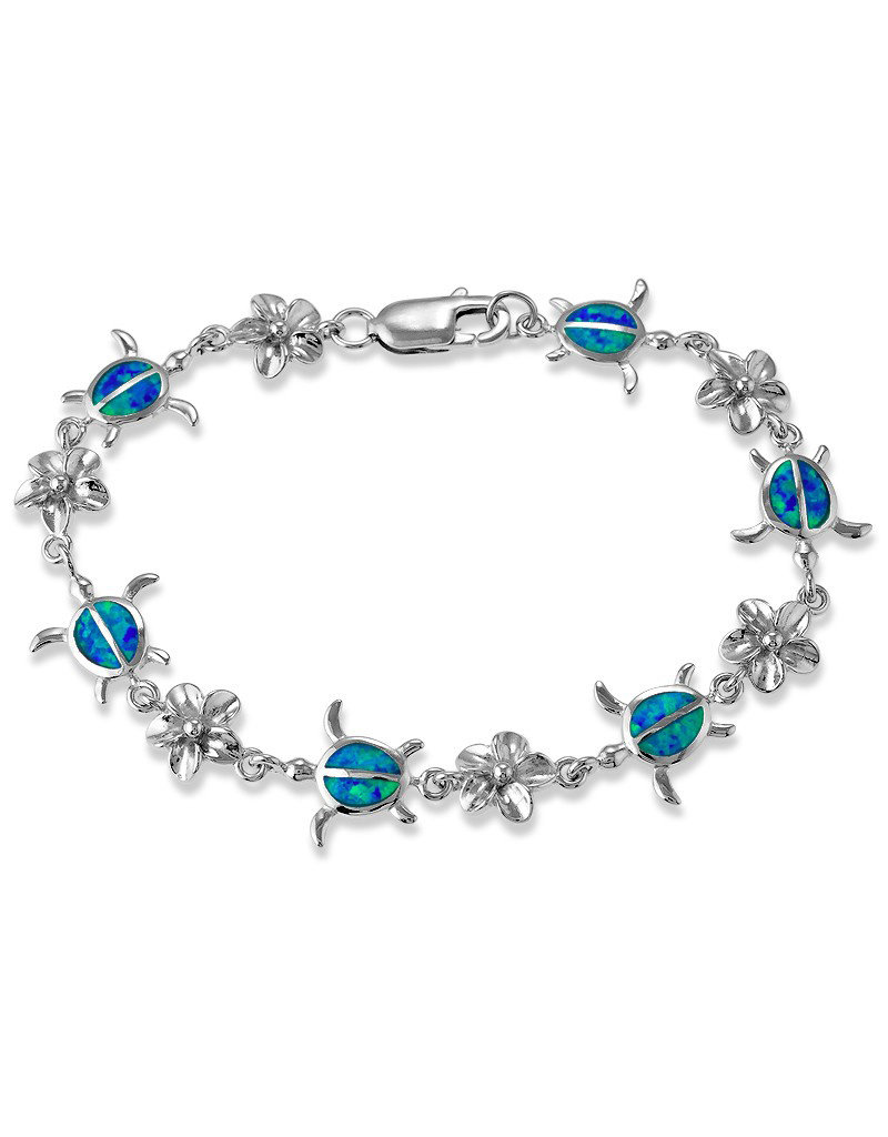 Sterling Silver Turtle and Flower Synthetic Opal Bracelet 7.75"