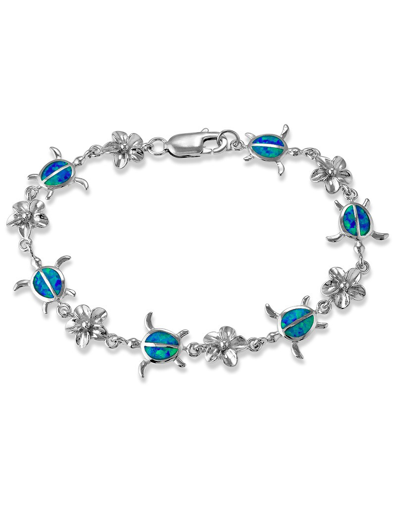 Sterling Silver Turtle and Flower Synthetic Opal Bracelet 7.75