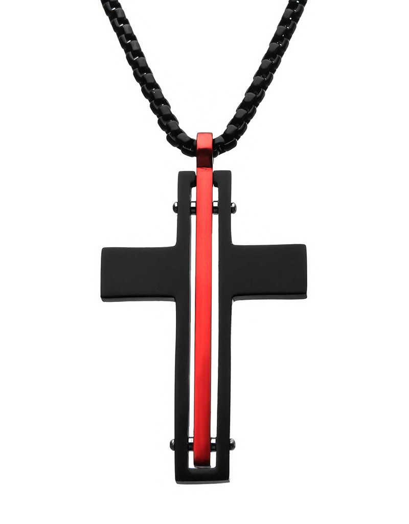 Men's Black and Red Stainless Steel Cross Necklace 22"