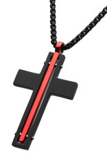 Men's Black and Red Stainless Steel Cross Necklace 22"