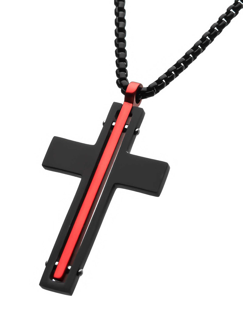 Men's Black and Red Stainless Steel Cross Necklace 22"
