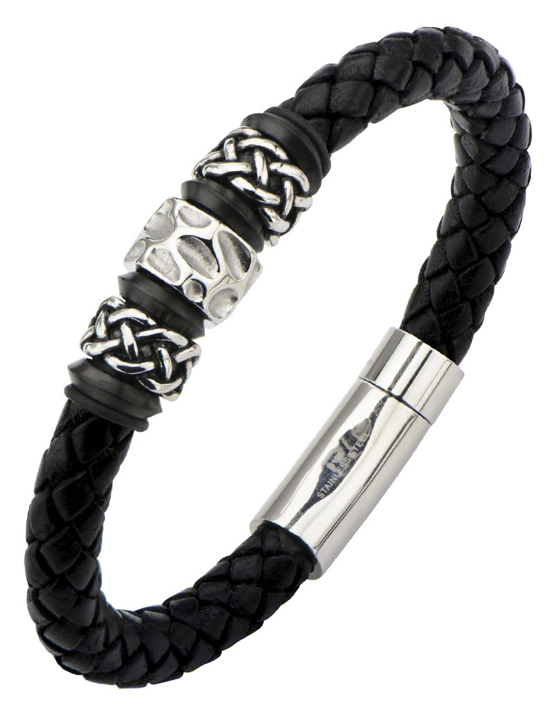 Mens Black Leather And Stainless Steel Celtic Bead 