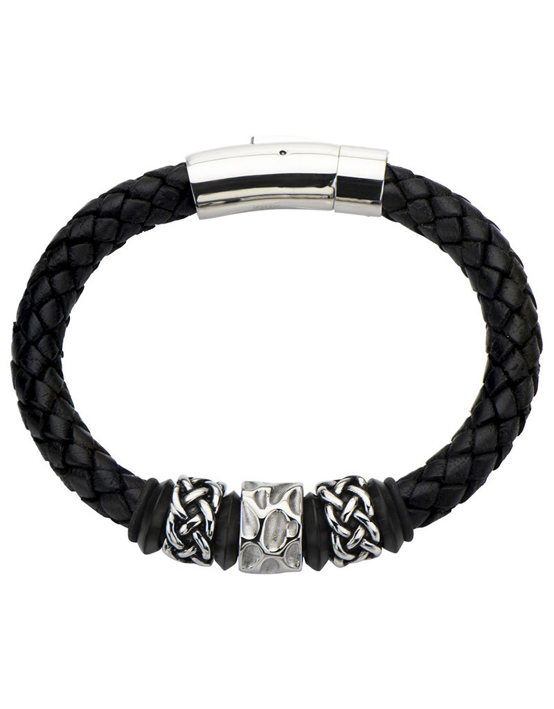 Men's Black Leather and Stainless Steel Celtic Bead Bracelet