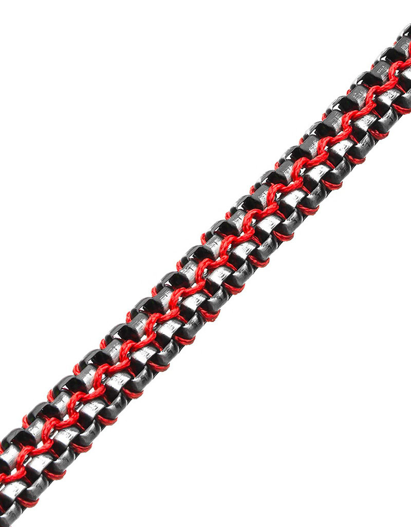 Men's Braided Red Cord and Stainless Steel Box Link Bracelet