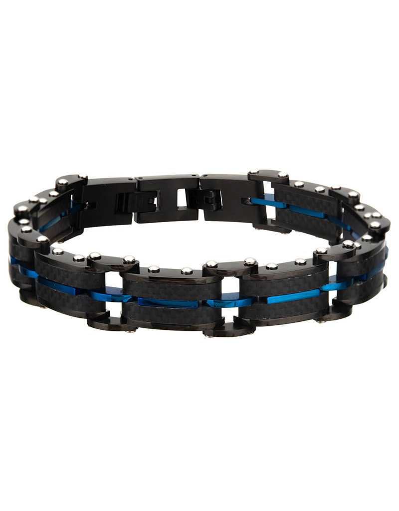 Men's Black and Blue Stainless Steel and Carbon Fiber Bracelet