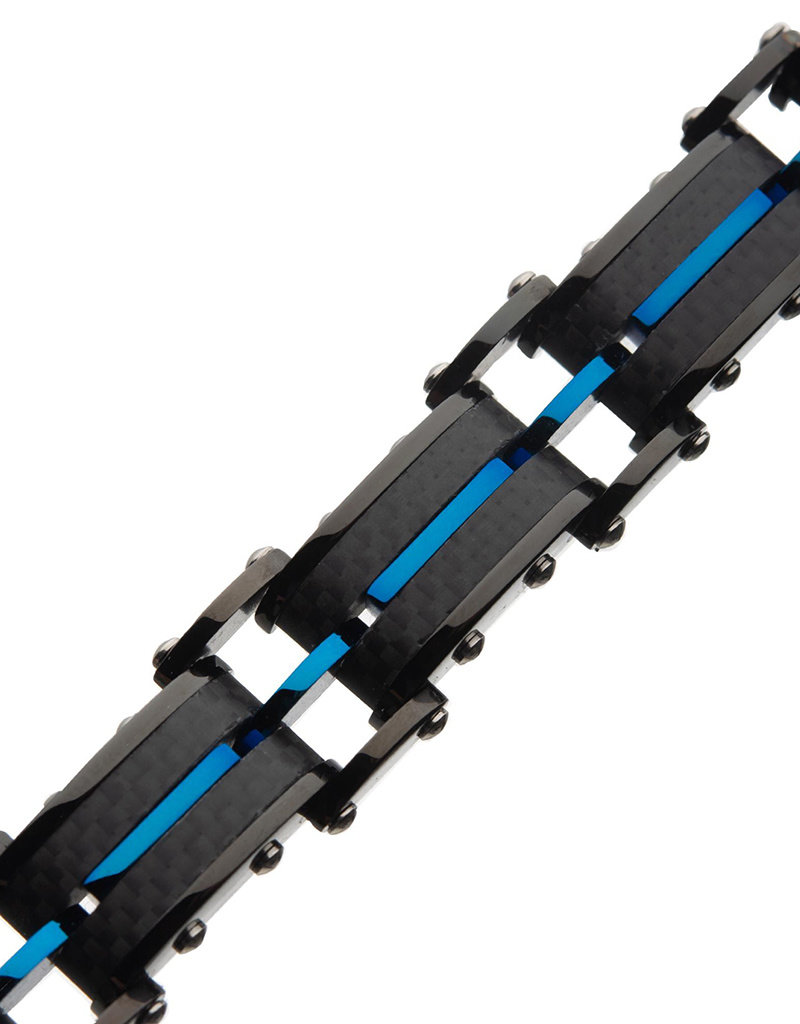 Men's Black and Blue Stainless Steel and Carbon Fiber Bracelet