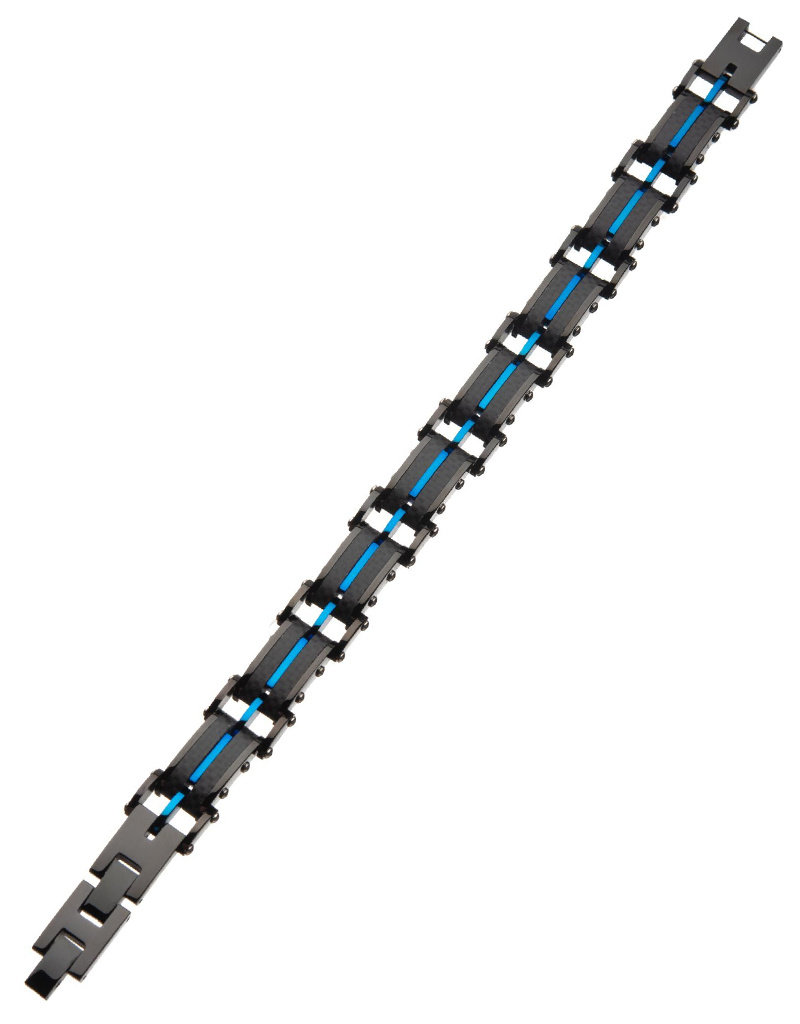 Men's Black and Blue Stainless Steel and Carbon Fiber Bracelet