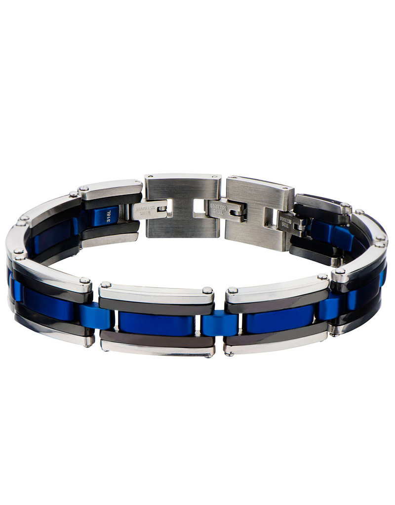 Men's Hinged Black and Blue Stainless Steel Bracelet