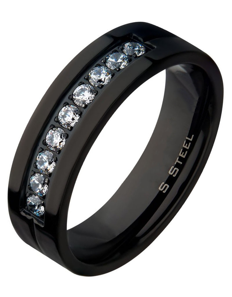 Men's Black Stainless Steel and CZ Comfort Fit Band Ring