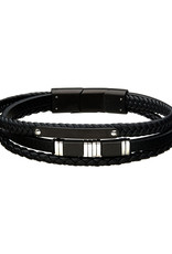 Men's Black Leather and Stainless Steel Bar Bracelet