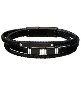 Black Leather and Steel Bar Bracelet