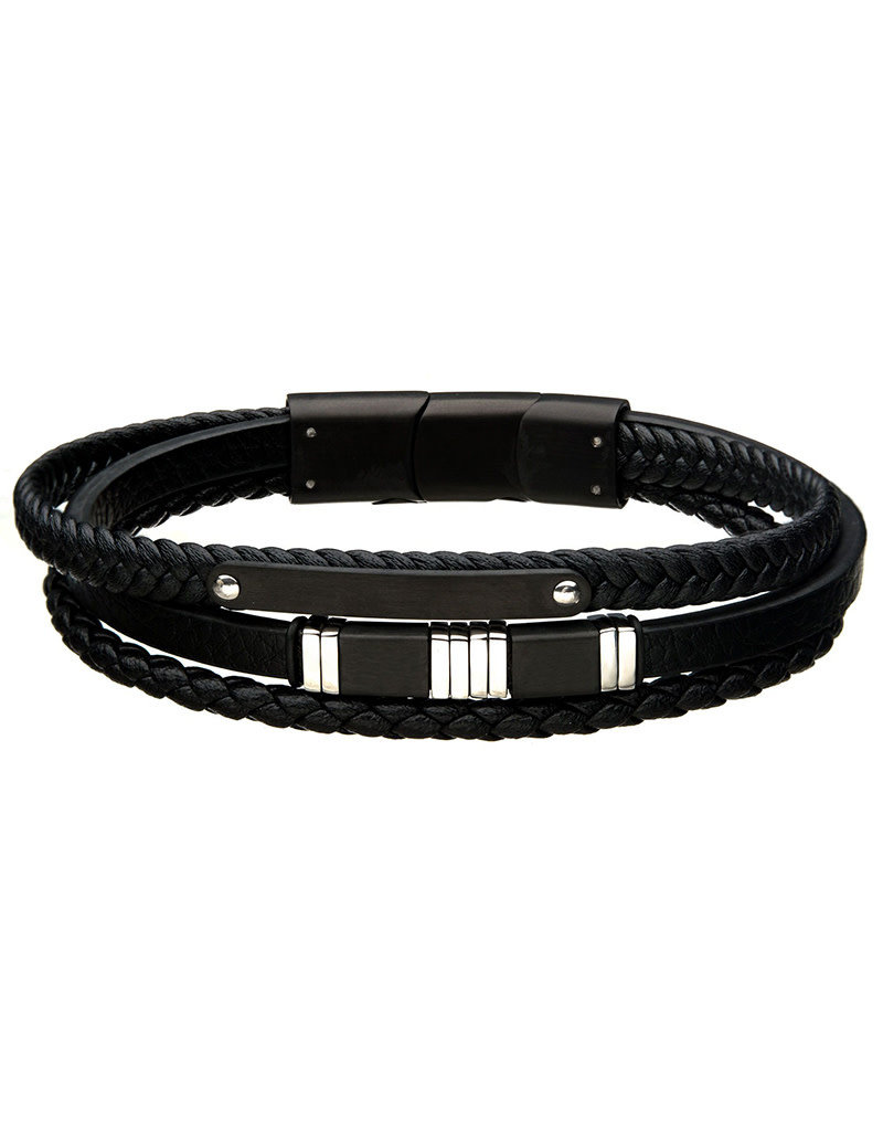 Men's Black Leather and Stainless Steel Bar Bracelet