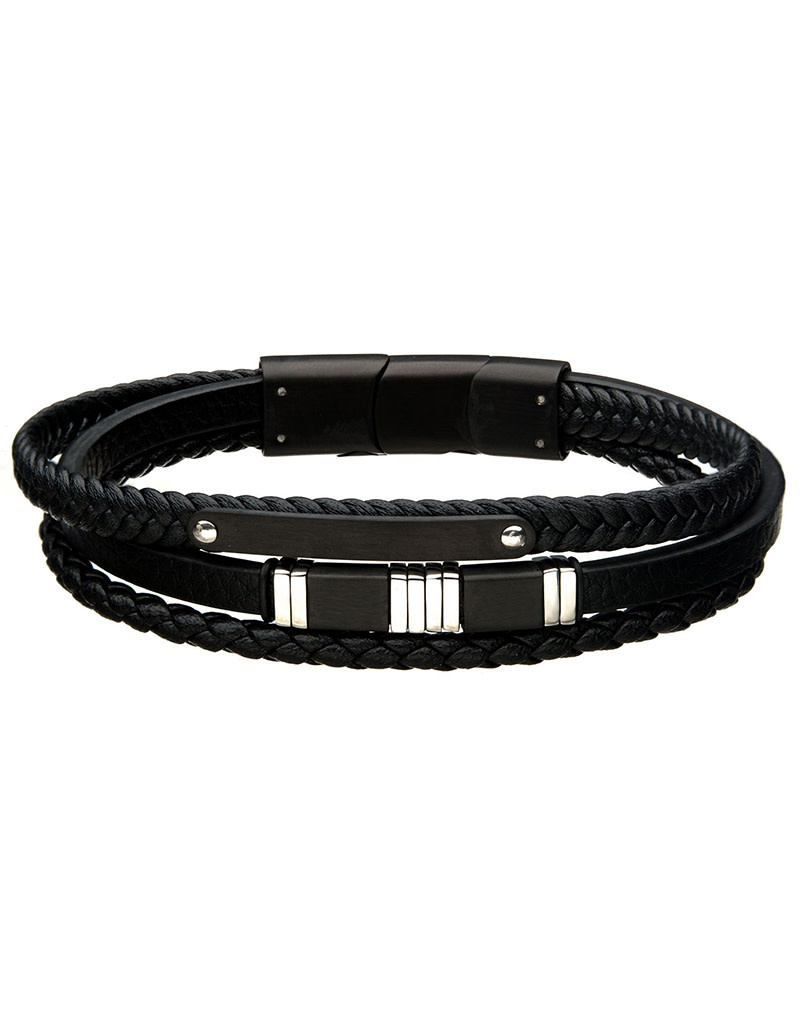 Black Leather and Steel Bar Bracelet