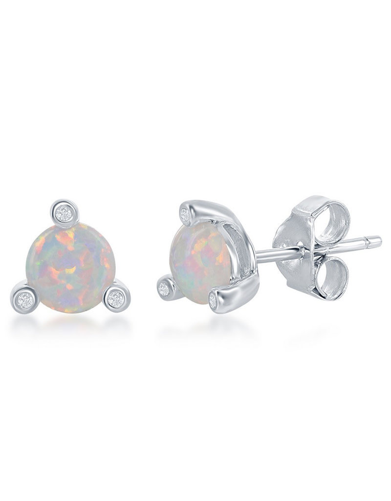 Sterling Silver Round Synthetic Opal and CZ Stud Earrings