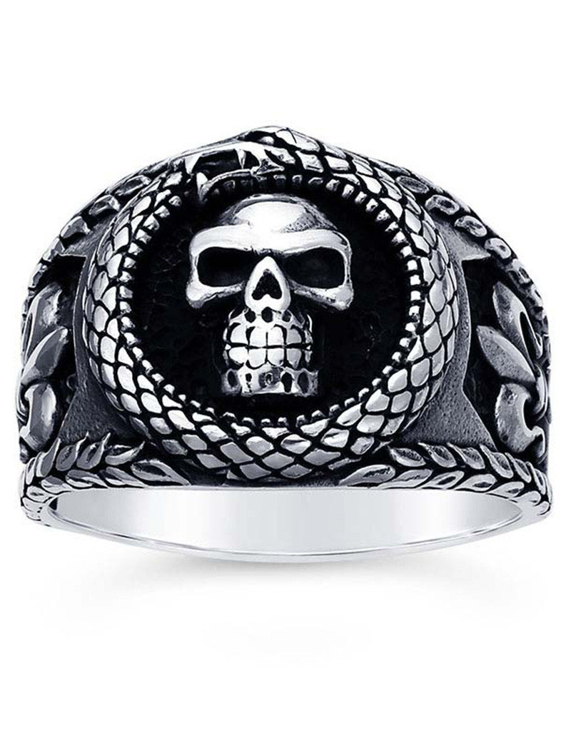 Men's Oxidized Sterling Silver Skull and Snake Ring