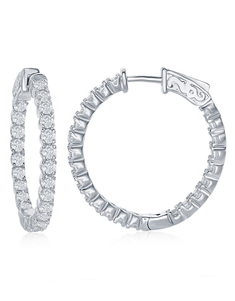 Sterling Silver CZ Hinged Hoop Earrings 3x30mm