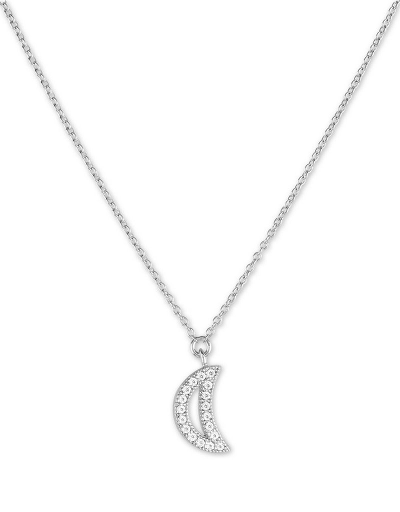 Sterling Silver Micro Pave CZ Crescent Moon Necklace 14"+2" Extender