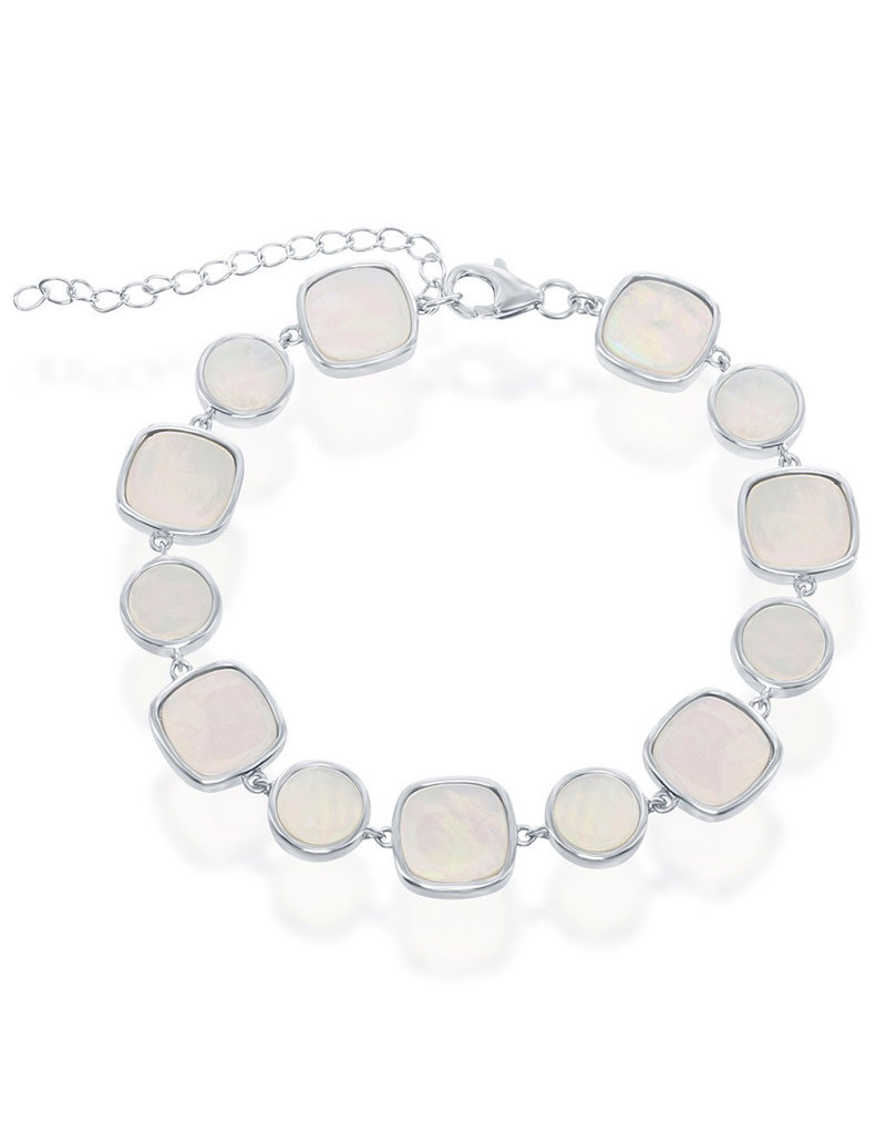Sterling Silver Round and Square Mother of Pearl Bracelet 7.5"+2" Extender