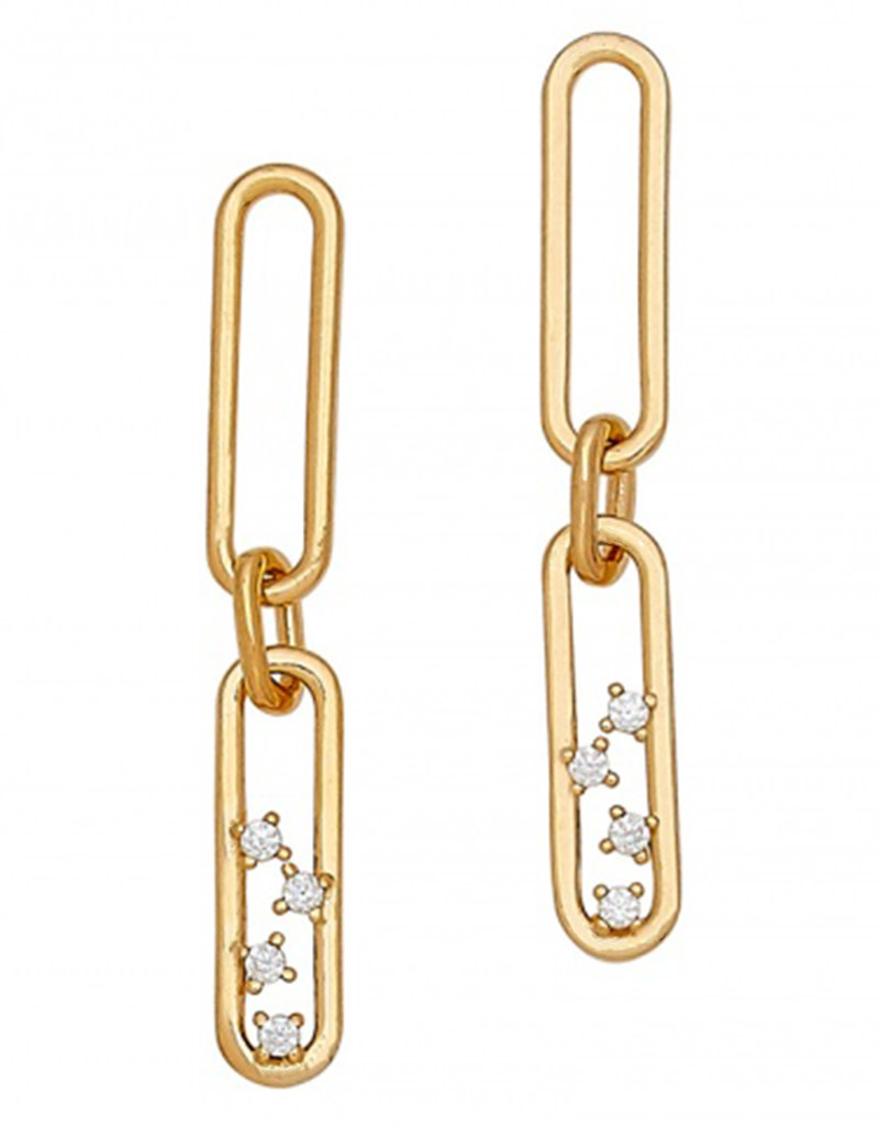 Gold Tone Paper Clip CZ Earrings