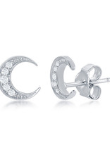 Sterling Silver Crescent Moon CZ Stud Earrings 6mm