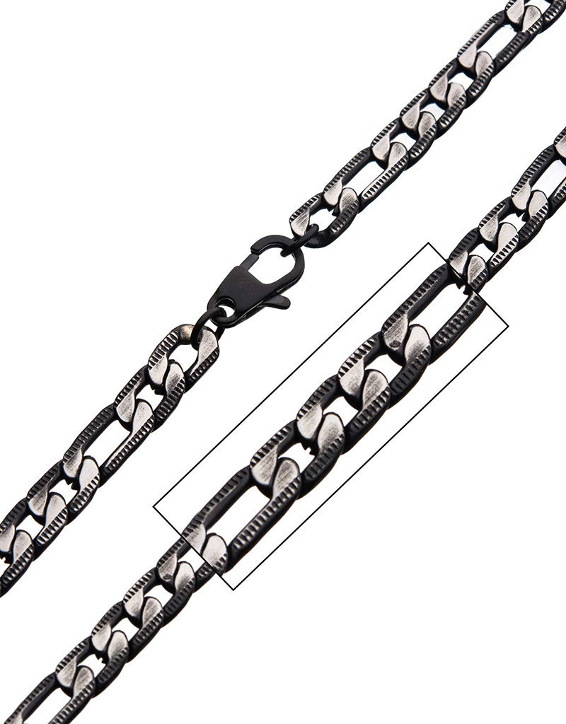 Men's 6.5mm Black Stainless Steel Figaro Necklace 22"