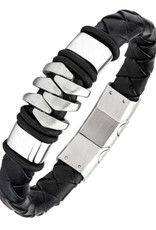 Men's Black Leather and Stainless Steel Bracelet