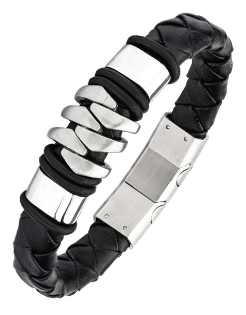 Men's Black Leather and Stainless Steel Bracelet