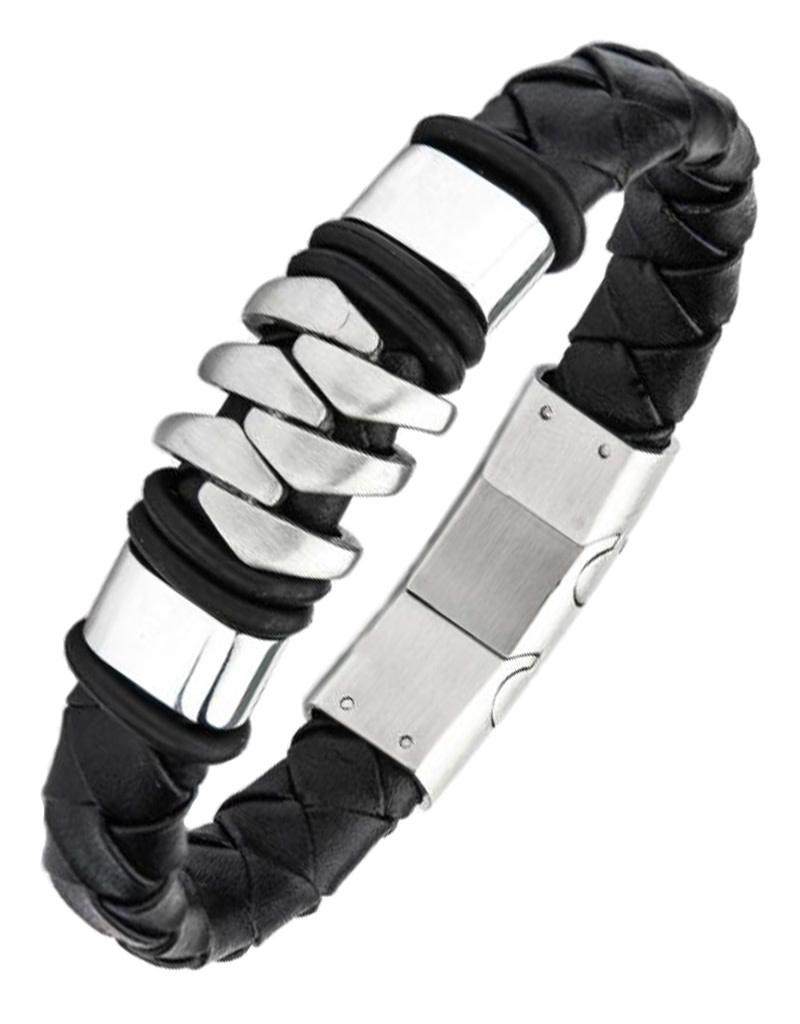 Black Leather Steel Bracelet