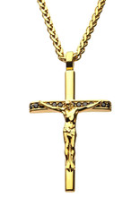 Men's Gold Stainless Steel and Black CZ Crucifix Necklace 22"