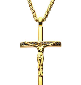 Gold Steel Black CZ Crucifix Necklace
