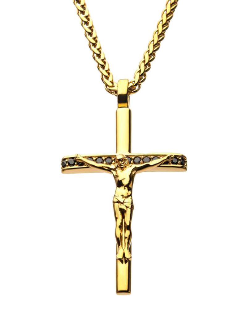 Gold Steel Black CZ Crucifix Necklace