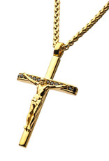 Men's Gold Stainless Steel and Black CZ Crucifix Necklace 22"