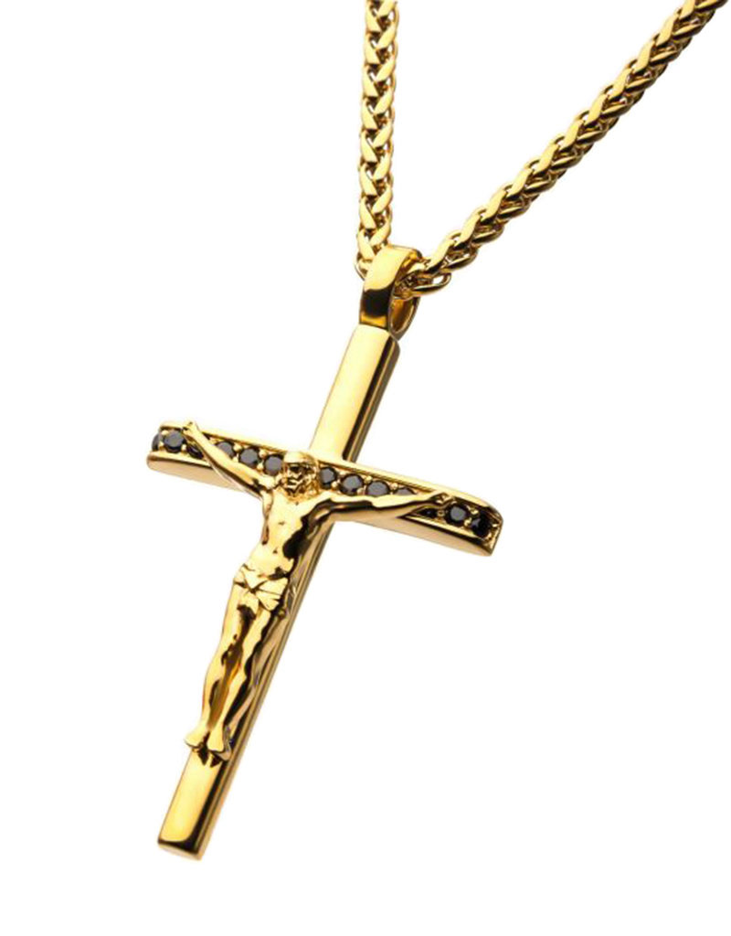 Men's Gold Stainless Steel and Black CZ Crucifix Necklace 22"