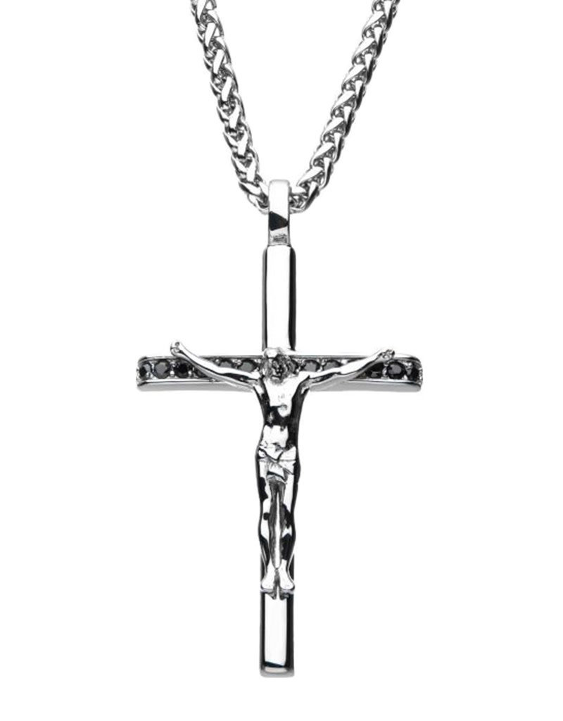 Men's Stainless Steel and Black CZ Crucifix Necklace 22"