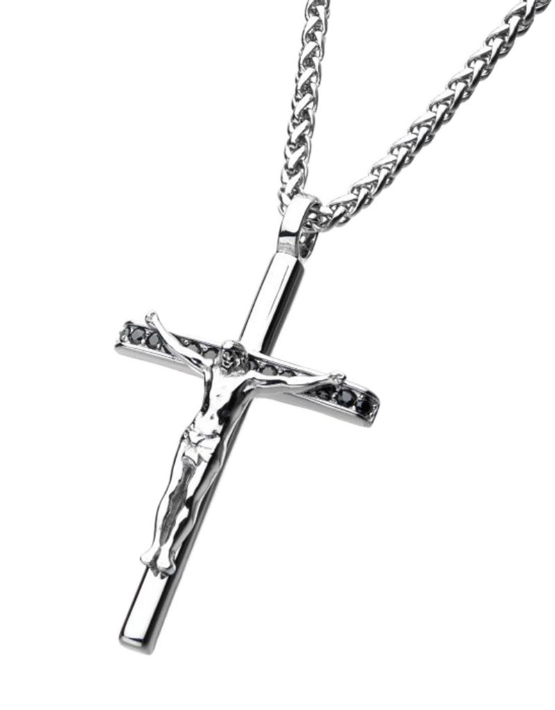 Men's Stainless Steel and Black CZ Crucifix Necklace 22"