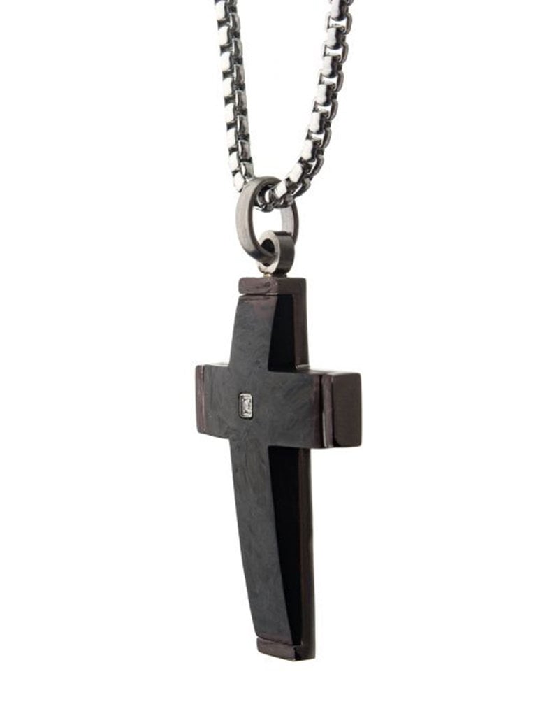 Men's Black Stainless Steel and Carbon Fiber Diamond Cross Necklace