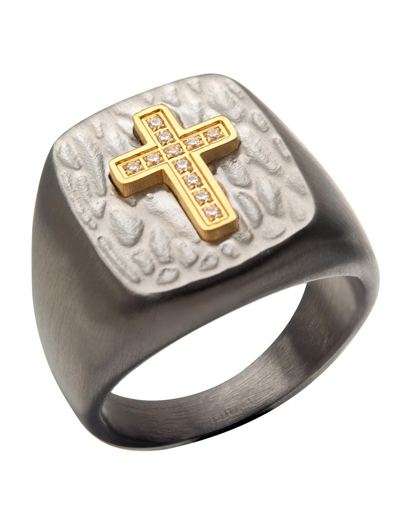 Gold Plated Cross CZ Signet Ring