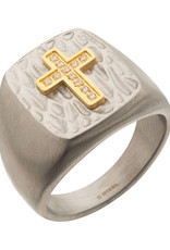 Men's Stainless Steel Gold Plated CZ Cross Signet Ring