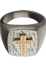 Men's Stainless Steel Gold Plated CZ Cross Signet Ring