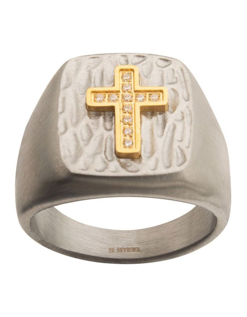 Men's Stainless Steel Gold Plated CZ Cross Signet Ring
