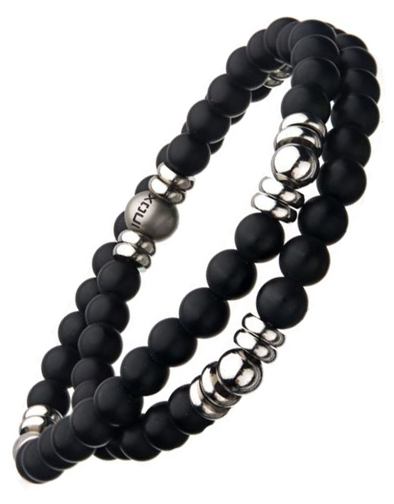 Men's Double Wrap Stainless Steel and Onyx Bead Stretch Bracelet