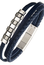 Men's Blue Leather and Stainless Steel Bead Bracelet