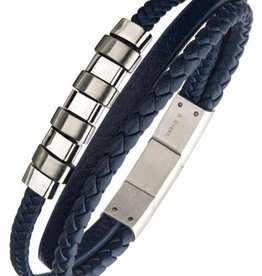 Blue Leather Steel Bead Bracelet